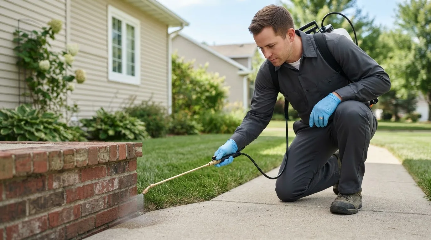Pest control technician treating a home near Crystal Lake, IL
